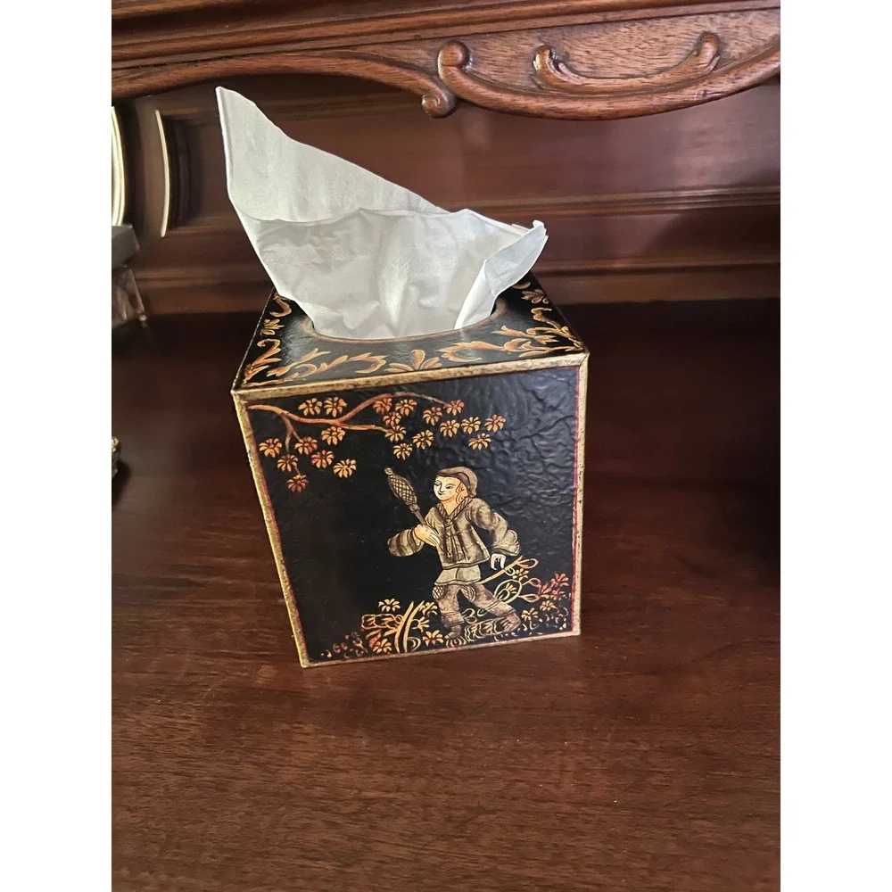 Vintage Chinoiserie Hand Painted Tissue Box Cover Black Gold Floral